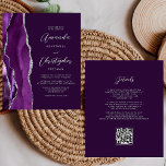 Casamento de Código QR de Agato de Prata Roxo do O<br><div class="desc">A borda esquerda deste elegante convite de casamento moderno apresenta uma cor d'água roxa, borda agitada, aparada com falso brilho dourado. O texto personalizável combina o script dourado e as fontes sans serif em um plano de fundo roxo. O verso fornece espaço para detalhes do casamento em um fundo roxo...</div>