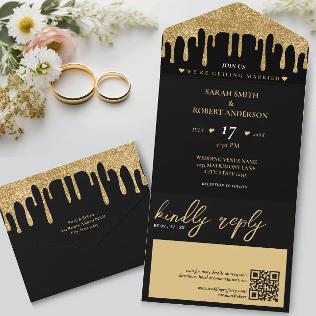 Casamento de Código QR de Dripe de Leitura Preto e (Black & Gold Glitter Drip QR Code Wedding All In One Invitation)
