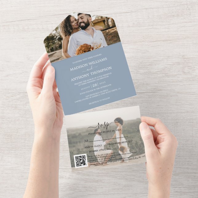 Casamento de Código Qr de Foto Azul 2 Dusty Simple (Aba destacável)