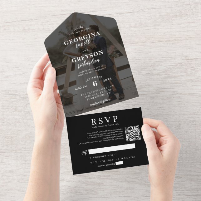 Casamento de Código QR de Foto RSVP Preto Clássico (Tearaway)