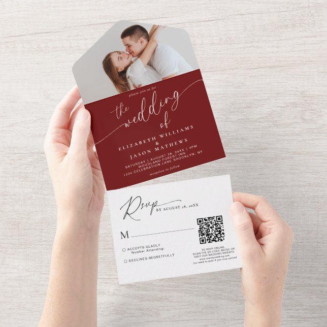 Casamento de Código QR de Foto Vermelha Burgundy c (Aba destacável)