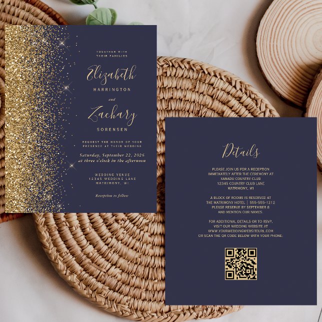 Casamento de Código QR de Glitter Azul Dourado Esc (Criador carregado)