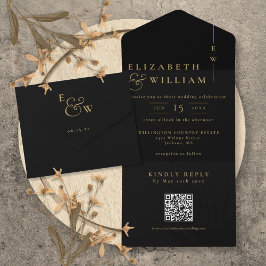 Casamento de Código QR de Monograma Elegante Preto