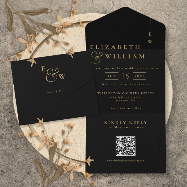 Casamento de Código QR de Monograma Elegante Preto (Black And Gold Elegant Monogram QR Code Wedding All In One Invitation)