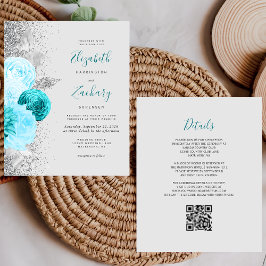 Casamento de Código QR de Prata Floral de Turquesa