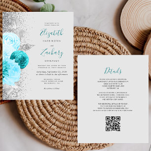 Casamento de Código QR de Prata Floral de Turquesa