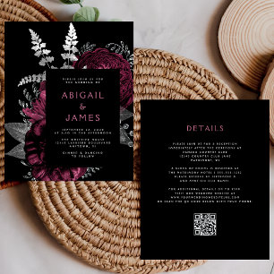 Casamento de Código QR de Prata Floral Escuro
