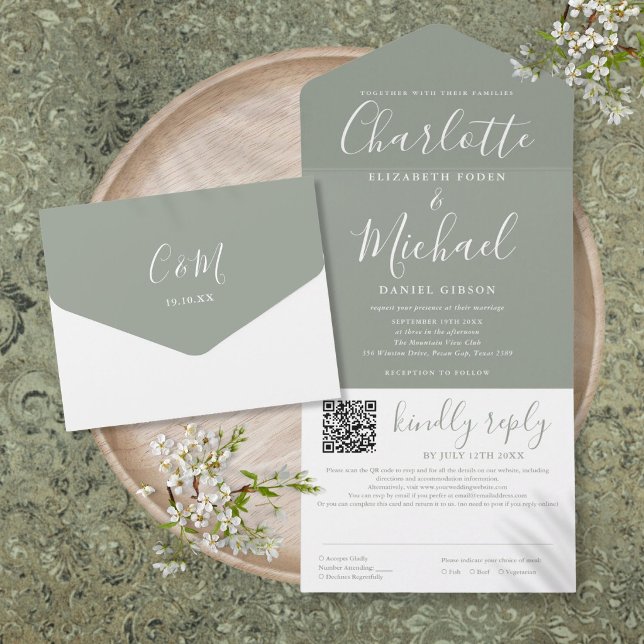 Casamento de Código QR de Roteiro Moderno Elegante (Sage Green Elegant Modern Script QR Code Wedding All In One Invitation)