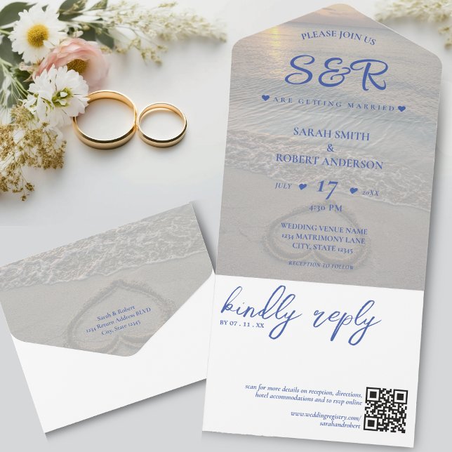 Casamento de Código QR do Coração de Praia Azul (Blue Beach QR Code Wedding All In One Invitation)