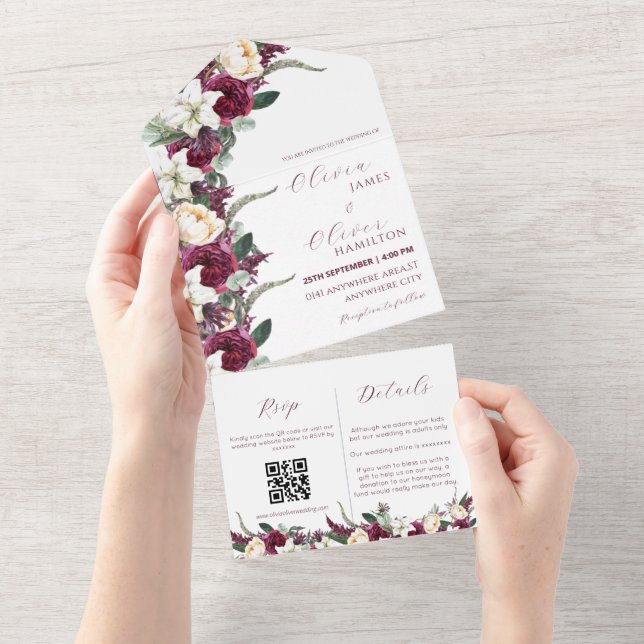 Casamento de código qr do Floral Burgundy (Aba destacável)