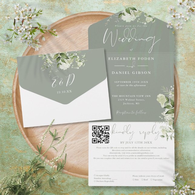 Casamento de Código QR Floral Monograma Verde Sálv (Sage Green Floral Monogram QR Code Wedding All In One Invitation)