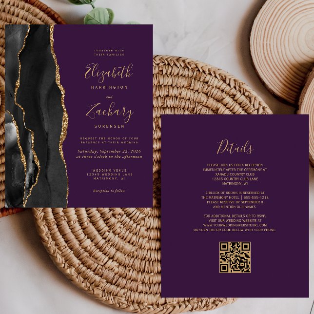 Casamento de Código QR Roxo do Agato Dourado Preto (Criador carregado)