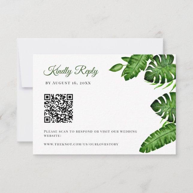 Casamento de Código QR Tropical RSVP Folhas de Mon (Frente)