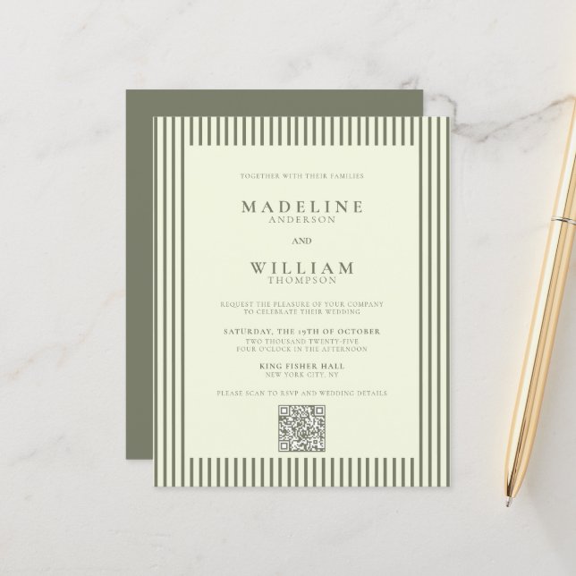 Casamento de Código Qr Verde do Sage Striped Elega (Frente/Verso In Situ)