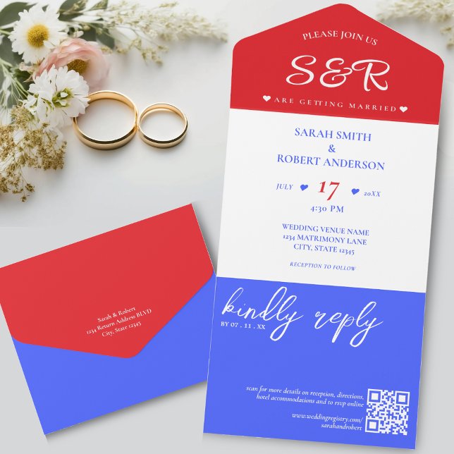 Casamento de Código QR Vermelho Branco e Azul (Red White & Blue QR Code Wedding All In One Invitation)