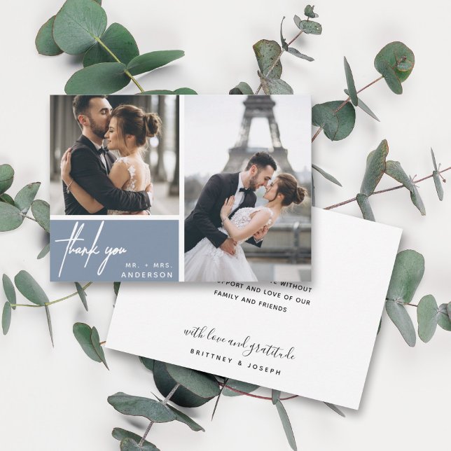Casamento de Colagem de Fotos Azul Moderno - Obrig (Two photo hand lettered thank you wedding card with a minimalistic design perfect for any couple.)