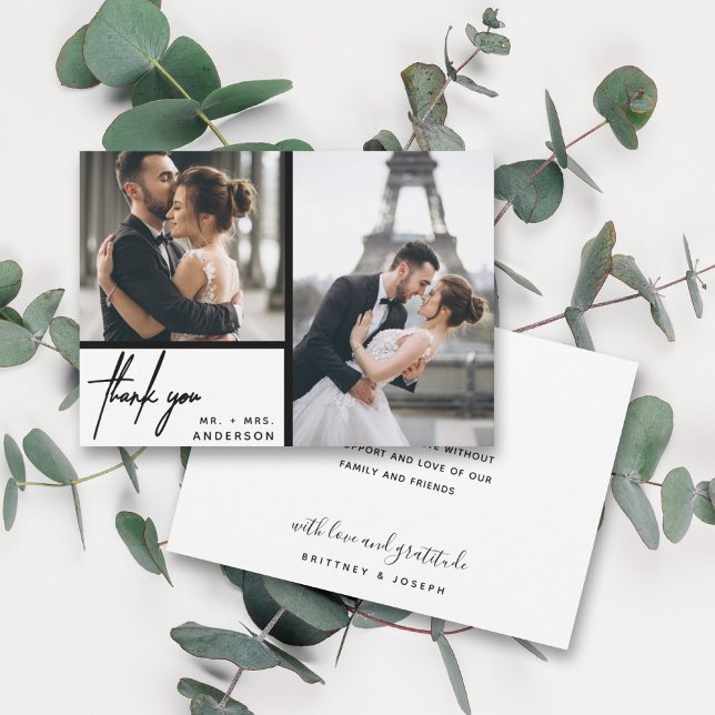 Casamento de Colagem de Fotos Brancas Modernas Obr (Two photo hand lettered thank you wedding card with a minimalistic design perfect for any couple.)