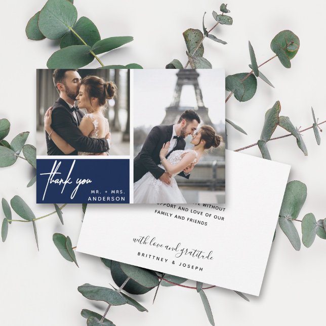 Casamento de Colagem de Fotos do Marinho Moderno (Two photo hand lettered thank you wedding card with a minimalistic design perfect for any couple.)
