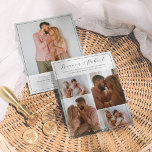 Casamento de Colagem de Fotos Minimalista do Scrip<br><div class="desc">Um convite para casamento de fotos simples e chic com nomes elegantes de caligrafia e tipografia clássica com 5 fotos. A frente das placas de orçamento apresenta uma colagem de 4 fotos e a parte traseira tem uma foto grande. Os nomes dos casais são escritos em letras bonitas na parte...</div>