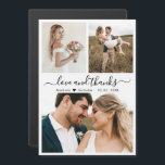 Casamento de Colagem de Obrigados e Amor Obrigado<br><div class="desc">Elegante, Na moda, Minimalista, Amor Moderno e Obrigados Manuscritos Carta magnética de 3 Fotografias. Modelo de cartões de agradecimentos de casamento com (3) três fotos. Apresentando um texto "Amor e Obrigados" em uma fonte com letras maiúsculas e minúsculas de letras maiúsculas, sob a cor preta, em fundo branco. Forma cardíaca...</div>