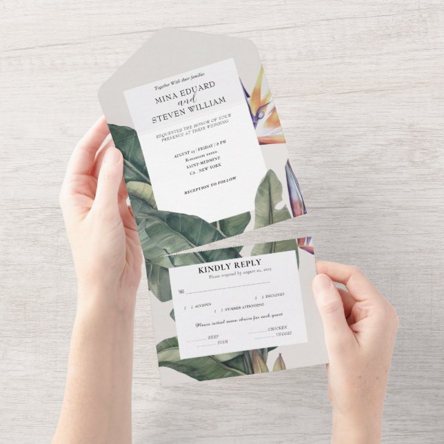 Casamento de cor da água tropical com Banana Folha (Aba destacável)