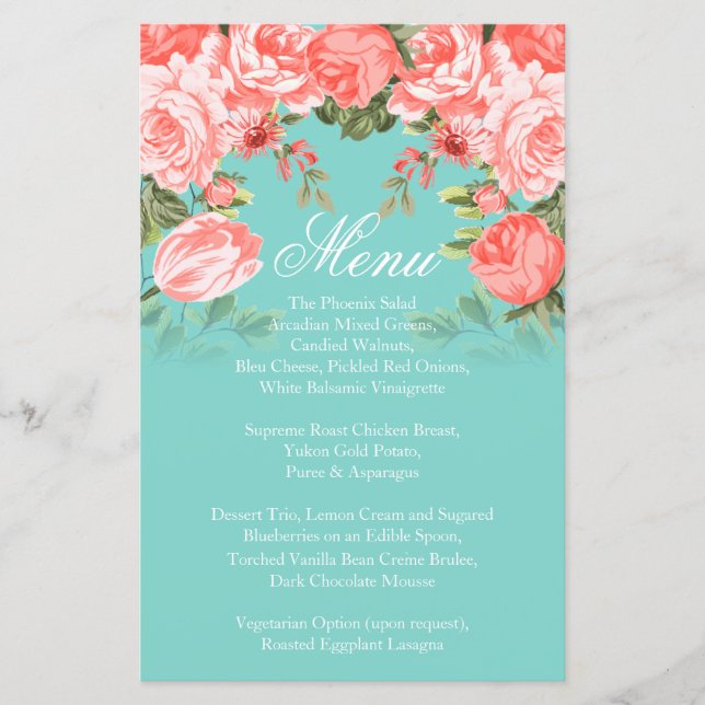 Casamento de Coral Botânico e Flor Teal - Menu (Frente)