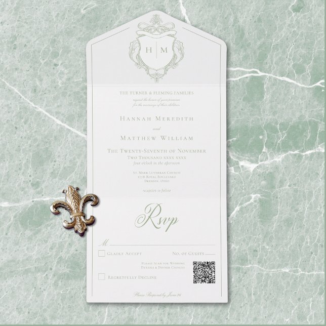 Casamento de Crest de Aves da China Verde Elegante (Elegant Green Chinoiserie Bird Crest Wedding QR All In One Invitation)