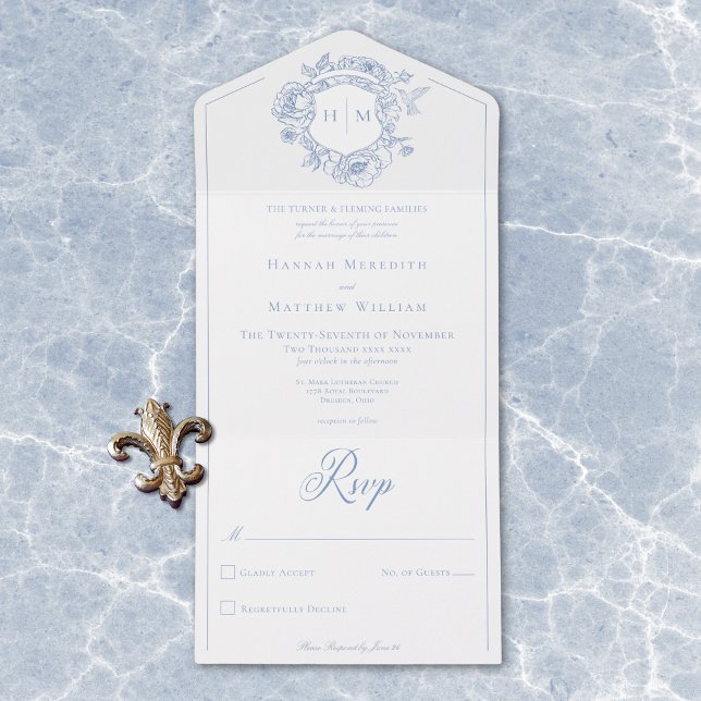 Casamento de Crest de Aves da Chinoiserie Azul Ele (Elegant Blue Chinoiserie Bird Crest Wedding All In One Invitation)