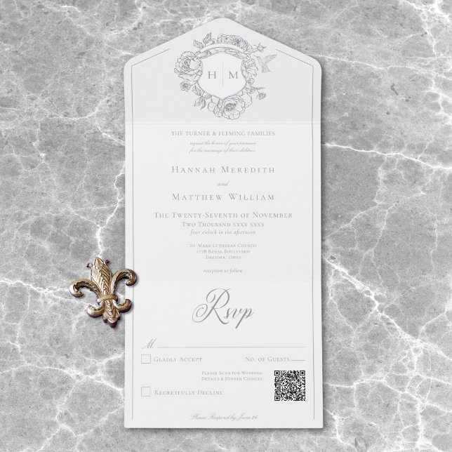 Casamento de Crest de Aves da Cinza Elegante Chino (Elegant Gray Chinoiserie Bird Crest Wedding QR All In One Invitation)