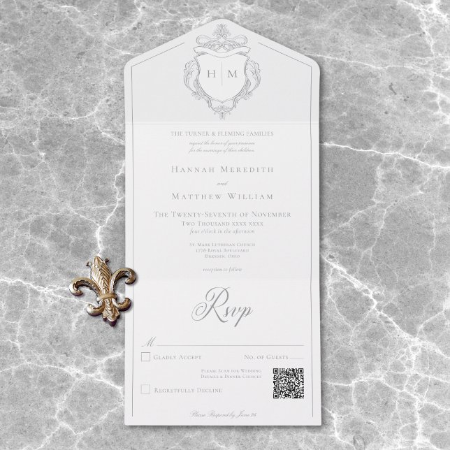 Casamento de Crest de Aves da Cinza Elegante Chino (Elegant Gray Chinoiserie Bird Crest Wedding QR All In One Invitation)