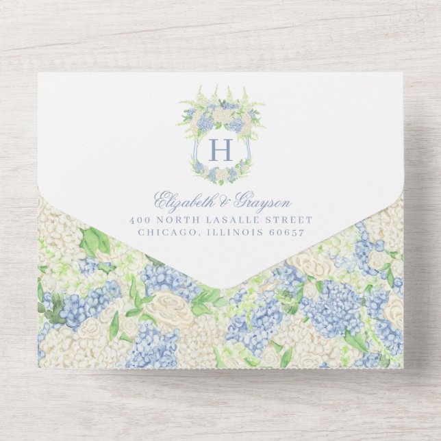 Casamento de Crest de Hydrangea Azul e Branco (Verso)