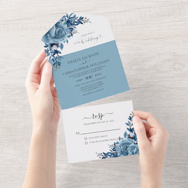 Casamento de Derramado Azul Floral Elegante (Aba destacável)
