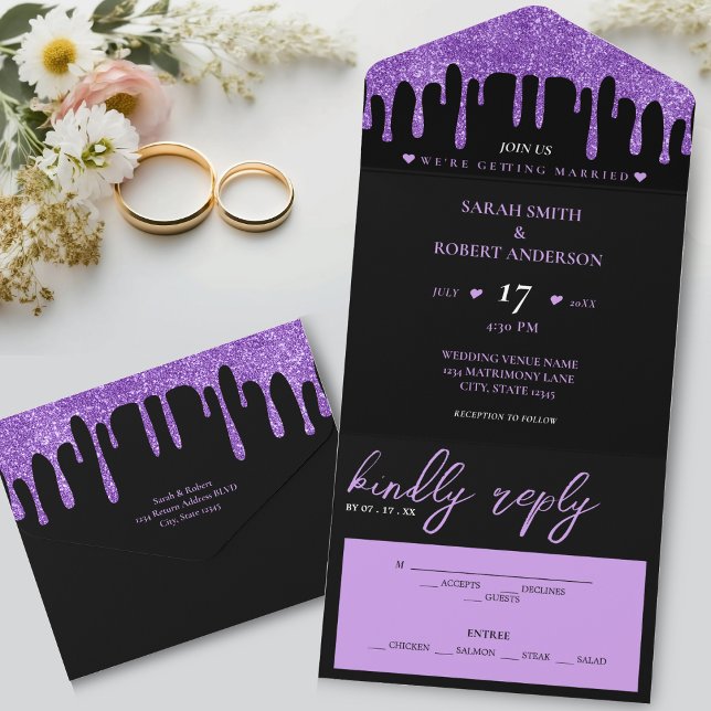 Casamento de Derramamento de Luminária Preta e Rox (Black & Purple Glitter Drip Wedding All In One Invitation)