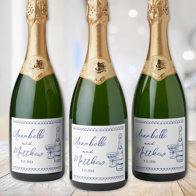 Casamento de Desenho de Mão de Champanhe Azul (Blue Champagne Hand Drawn Wedding Sparkling Wine Label )