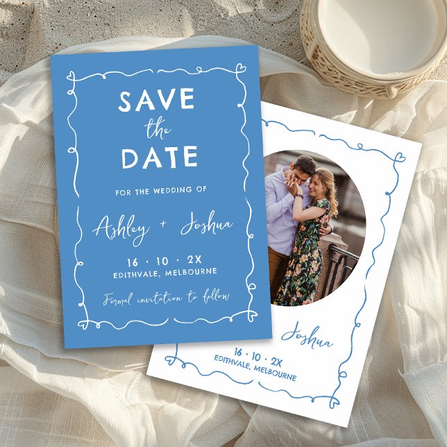 Casamento De Desenho De Mão Estilo Salve O Cartão  (Blue Whimsical Hand Drawn Wedding Save The Date Card, Blue Hand Drawn Save The Date, Trendy Photo)