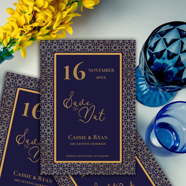 Casamento de Design Dourado Azul Salve a Data (Blue Gold Intricate Design Wedding Save the Date)