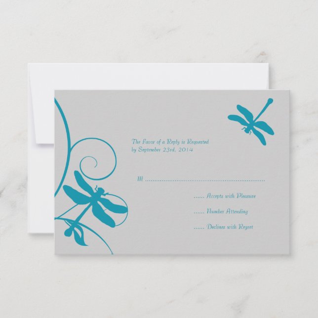 Casamento de Dragonfly Azul Prata e Aqua RSVP (Frente)