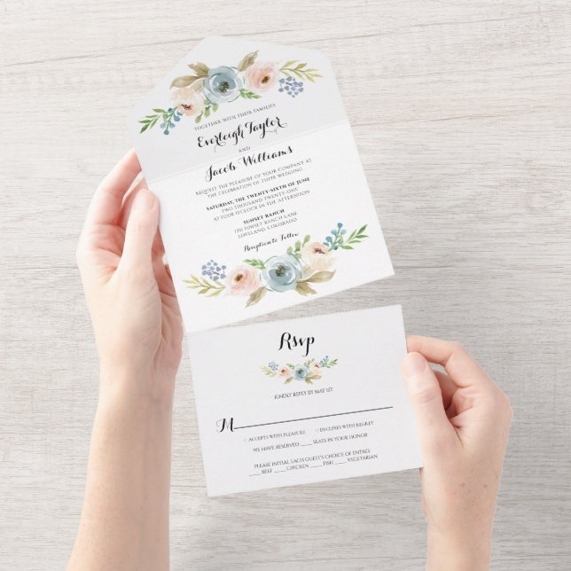 Casamento de Dusty Blue e Blush Floral Rosa (Aba destacável)