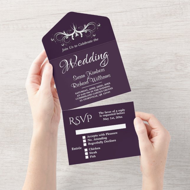 Casamento de EggPlant e White Tri Fold w Rsvp (Aba destacável)