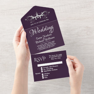 Casamento de EggPlant e White Tri Fold w Rsvp