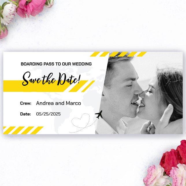 Casamento de Embarque de Praia Amarela Salvar a Da (Yellow Beach Boarding Pass Wedding Save the Date)