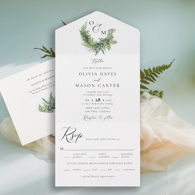 Casamento de Ferns Monogramas de Florestas Encanta (enchanted forest wedding invitation botanical crest ferns outdoors mountains sage garden all in one)