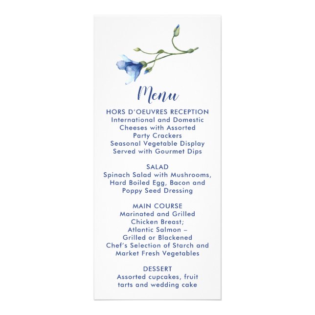 Casamento de Flor Azul Simples em Aquarela | Menu (Frente)