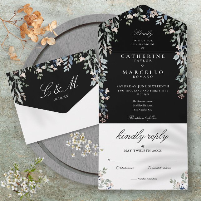 Casamento de Flores e Folhagens Preto e Branco (Black And White Floral Greenery Wedding All In One Invitation)