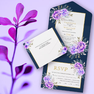 Casamento de flores e folhas de aquarelas roxas