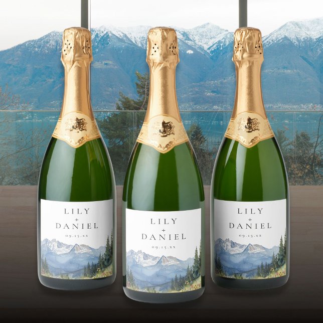 Casamento de Flores Selvagem Moderna das Montanhas (Modern Watercolor Mountain Wildflower Wedding Sparkling Wine Label)