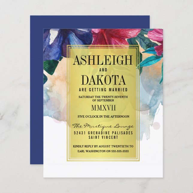 Casamento de Flores Tropicais de Cores de Água (Frente/Verso)