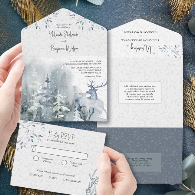 Casamento de Floresta de Neve e de Aquarela de Vea (All in One Wedding Invitation with RSVP from the Snow Forest wedding collection by Darling & May)