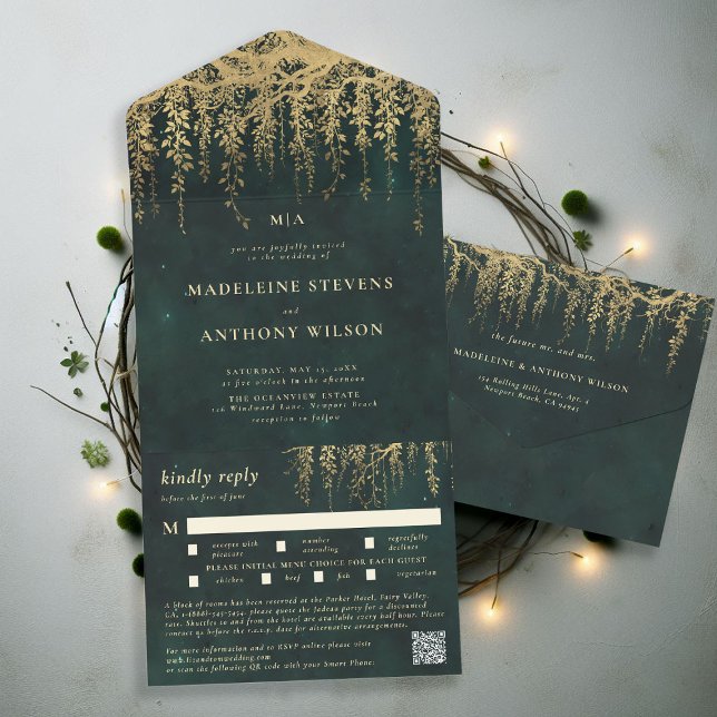 Casamento de Floresta Fada Dourada e Encantada do  (enchanted forest hanging greenery all in one wedding invitation qr code meal choice woodland fairy)