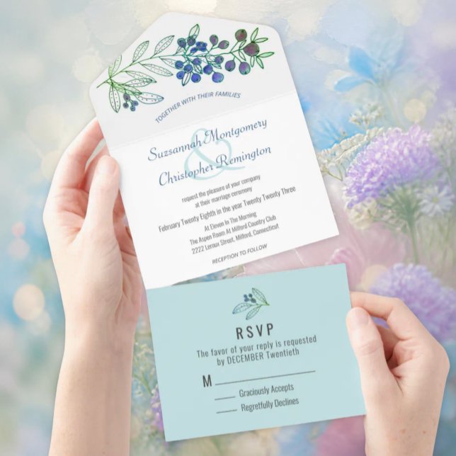 Casamento de Folha de Mirtilo com Borda Azul Top M (All in one pastel berry wedding invitation template.)